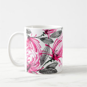 Caneca De Café Flor Vermelho Oriental: Padrão de Aquarela.