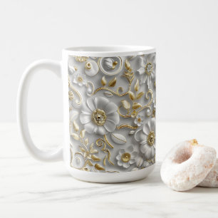 Caneca De Café Flora 3D Decorativa Dourada Branca Floral