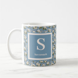 Caneca De Café Floração Floral Azul Elegante Monograma