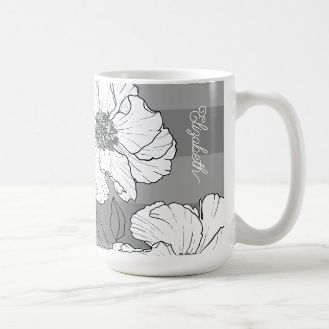 Caneca De Café Florais Brancas Elegantes Personalizadas em Cinza (Direita)