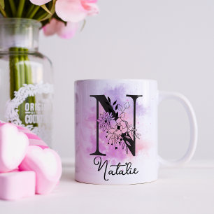 Caneca De Café Florais Rosa Roxo Preto Letra Monograma N Café