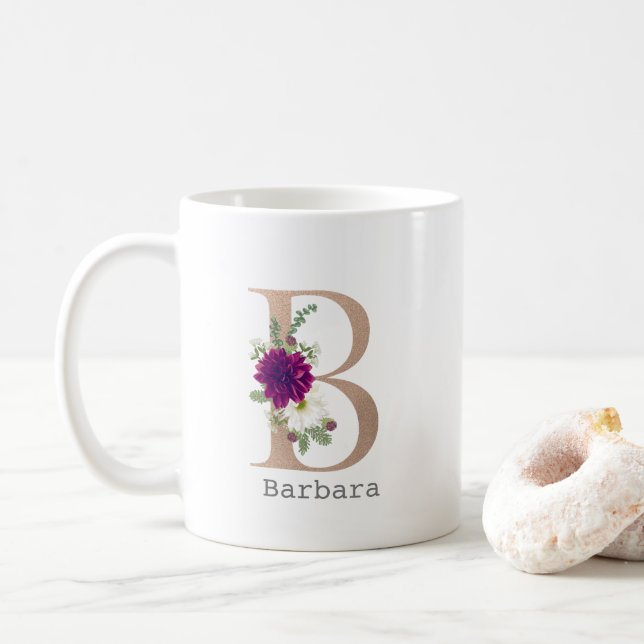 Caneca De Café Floral Alphabet - Alphabet - letra "B" (Com Donut)