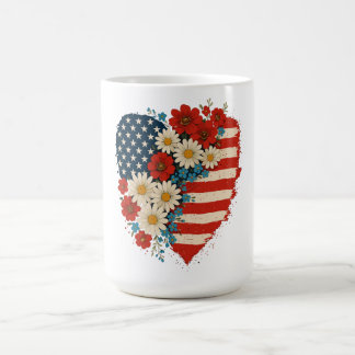 Caneca De Café Floral American Flag Heart 4 de julho EUA