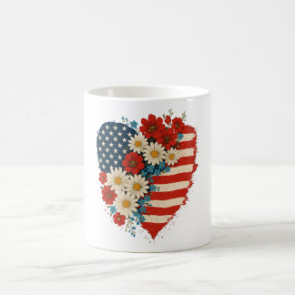 Caneca De Café Floral American Flag Heart 4 de julho EUA