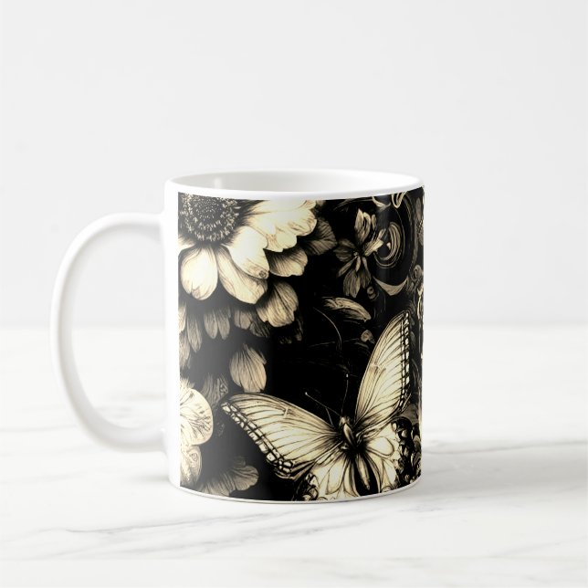 Caneca De Café Floral Antiquado ouro com Borboletas (Esquerda)