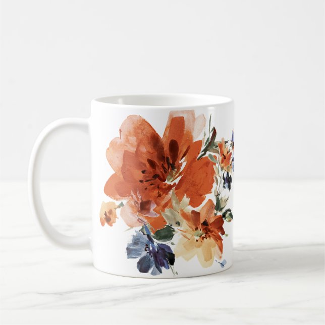 Caneca De Café Floral aquarela laranja e azul  (Esquerda)