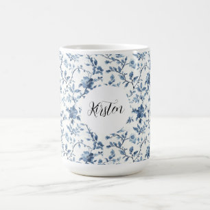 Caneca De Café Floral Azul Branco Chic  