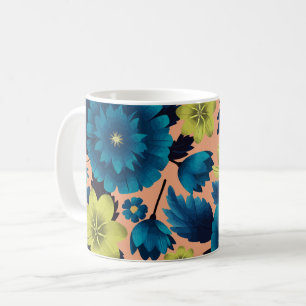 Caneca De Café Floral Azul e Amarelo no Fundo do Pêssego