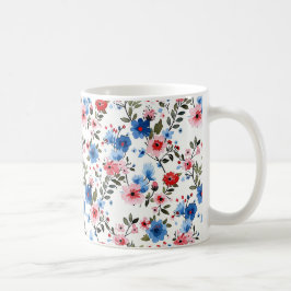 Caneca De Café Floral Azul e Vermelho