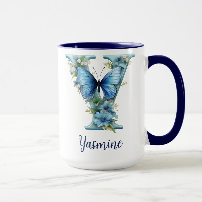 Caneca de Café Floral Azul Monogramada de 15 oz (Direita)