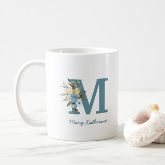 Caneca De Café Floral Blue Monograma Personalizado Café Mug