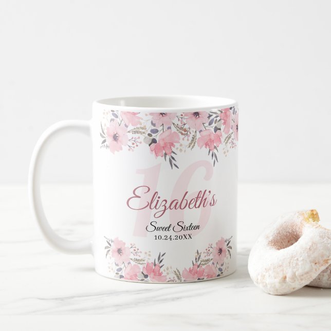 Caneca De Café Floral Blush Cor-de-rosa elegante 16 (Com Donut)
