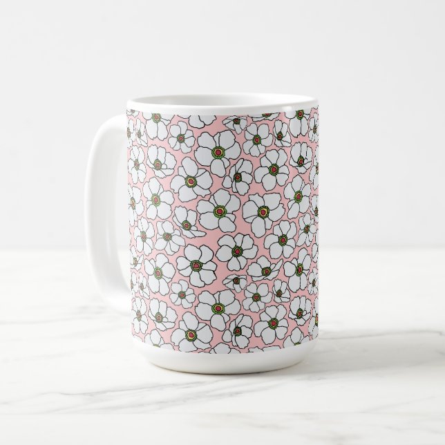 Caneca De Café Floral Boho Rosa e Branco  (Frente Esquerda)