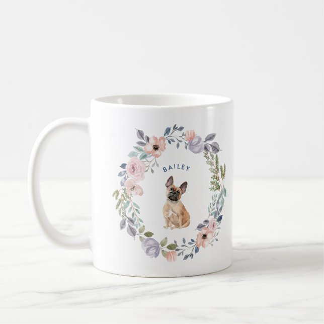 Caneca De Café Floral bonito | Cachorro Buldogue Francês (Esquerda)