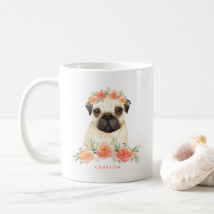 Caneca De Café Floral bonito do pêssego do Pug da aguarela