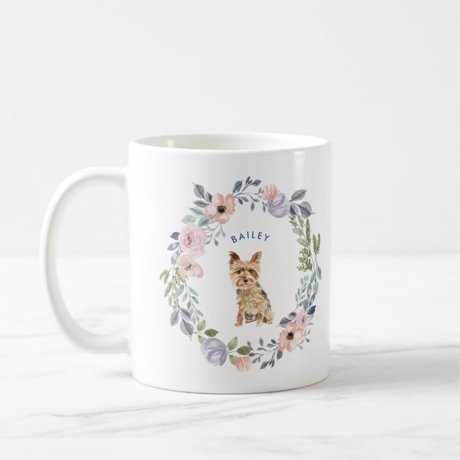 Caneca De Café Floral bonito | Yorkshire Terrier Dog (Esquerda)