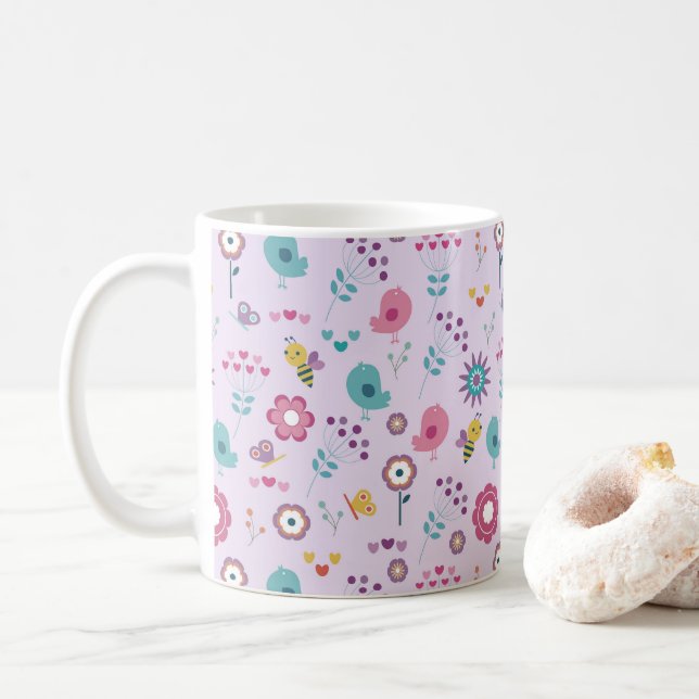 Caneca De Café Floral Borboletas, Abelhas e Pássaros (Com Donut)