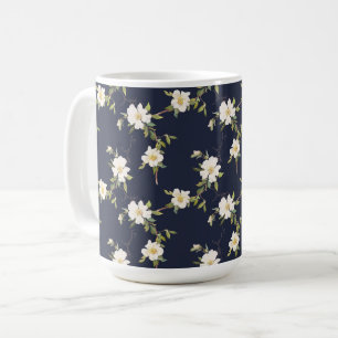 Caneca De Café Floral Branco Azul marinho