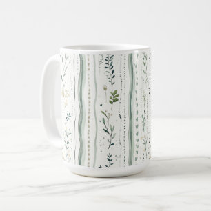 Caneca De Café Floral Branco Verde Natural Folhas Abstrato