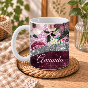 Caneca De Café floral Burgundy rosa prata monograma brilhante fal