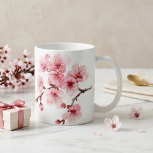 Caneca De Café Floral Cereja Brilhante Cor-de-rosa Branco
