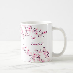 Caneca De Café Floral Cereja Flor Seu Nome Monograma Mug