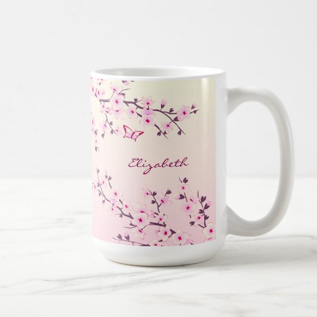 Caneca De Café Floral Cherry Blossom Monograma Rosa Girassol (Direita)