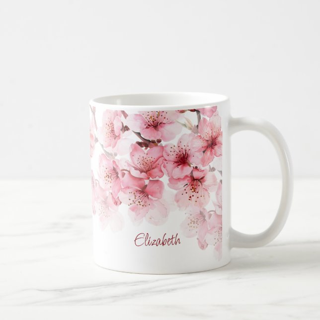 Caneca De Café Floral Cherry Blossom Seu Nome Monograma Mug (Direita)