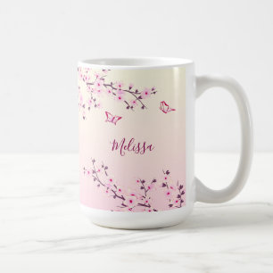 Caneca De Café Floral Cherry Blossomo Monograma Rosa