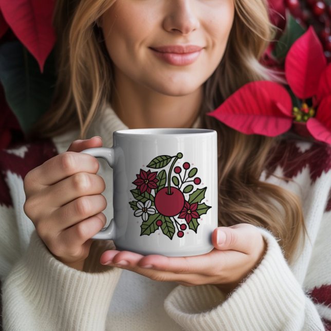 Caneca De Café Floral cherry with poinsettia festive botanical (Criador carregado)