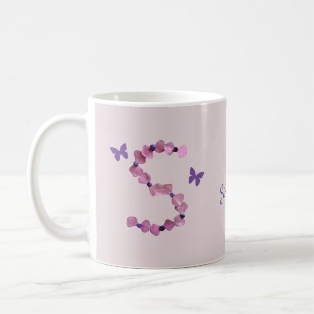 Caneca De Café Floral com Borboletas Letra Feita à Mancha S Monog (Esquerda)
