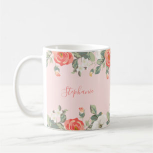 Caneca De Café Floral Cor-de-rosa-rosa-pincelado do Rosa de pêsse