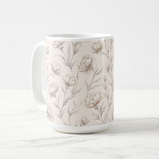 Caneca De Café Floral Creme Marrom Cacau (Frente Esquerda)