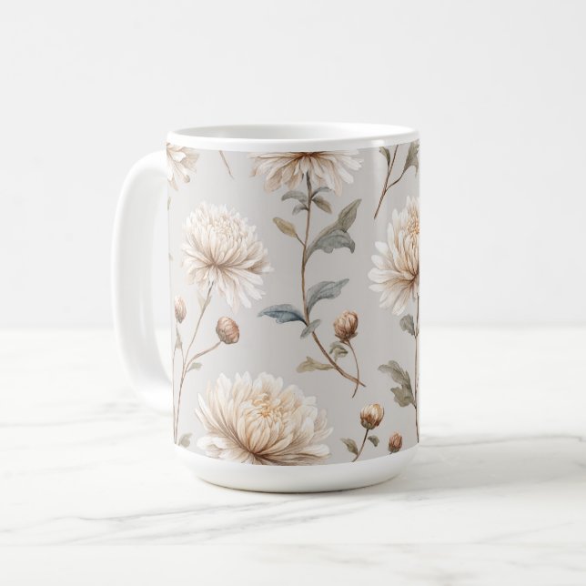 Caneca De Café Floral Creme Marrom Cacau  (Frente Esquerda)