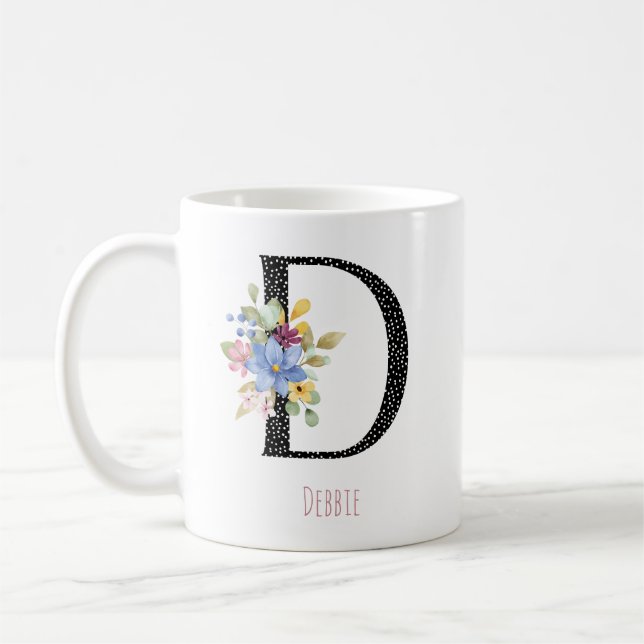 Caneca De Café Floral D Monogram Name Black Polka Dot Coffee Mug (Esquerda)