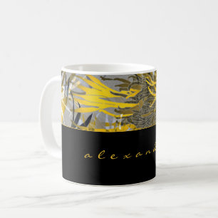 Caneca De Café Floral de Abstrato preto Dourado e Cinza Nome Sc