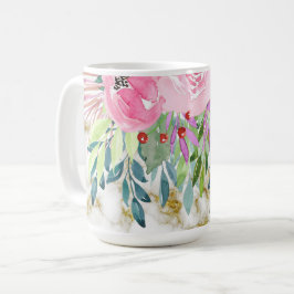 Caneca De Café Floral de Aquarela e Ouro Marble