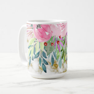 Caneca De Café Floral de Aquarela e Ouro Marble