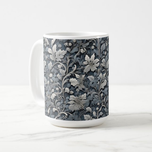 Caneca De Café Floral de cinza branca prateada elegante (Frente Esquerda)