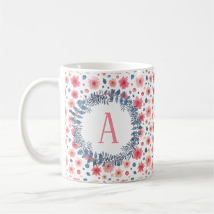 Caneca De Café Floral de Cor de Água Rosa e Azul com Monograma