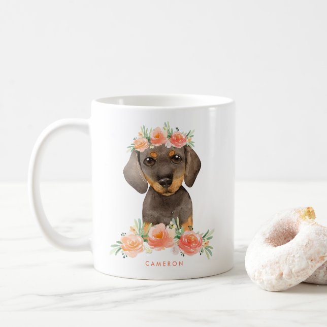 Caneca De Café Floral de Dachshund Dachshund Caquinho (Com Donut)