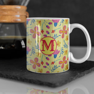 Caneca De Café Floral de Fiesta Amarelo Personalizado Inicialment
