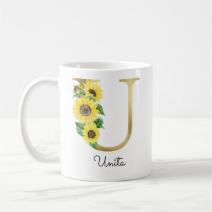 Caneca De Café Floral de Girassol Dourado Monograma Inicial U