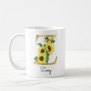 Caneca De Café Floral de Girassol Dourado Monograma Inicial Z