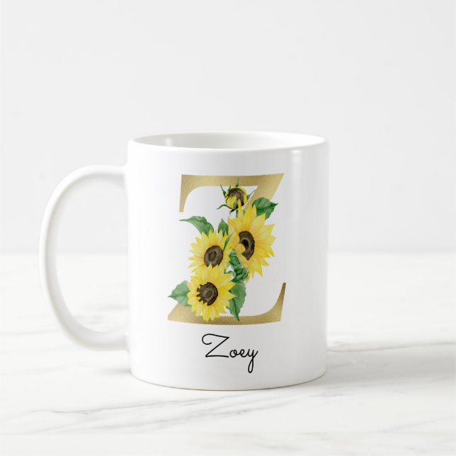Caneca De Café Floral de Girassol Dourado Monogramado Inicial Z (Esquerda)