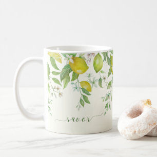 Caneca de Café Floral de Limão em Aquarela