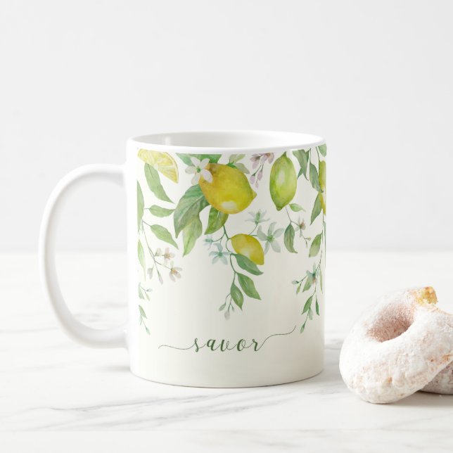 Caneca de Café Floral de Limão em Aquarela (Com Donut)