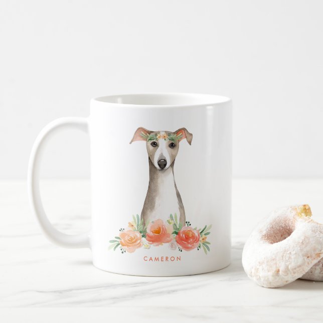 Caneca De Café Floral de Pêssego Branco de Aquarelas Cachorros (Com Donut)