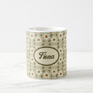 Caneca De Café Floral Decorativo em Branco e bege Personalizado