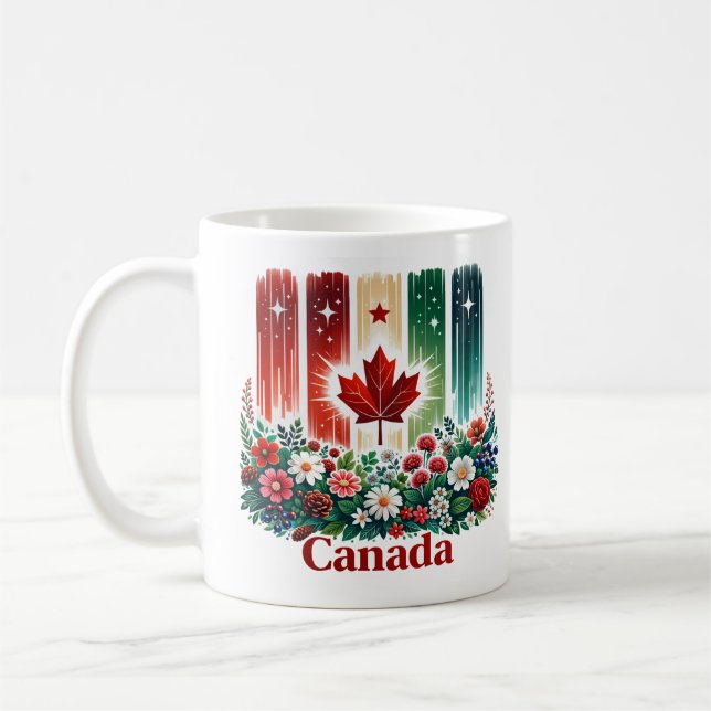 Caneca De Café Floral Dia do Canadá | Bandeira Canadense Fofa (Esquerda)